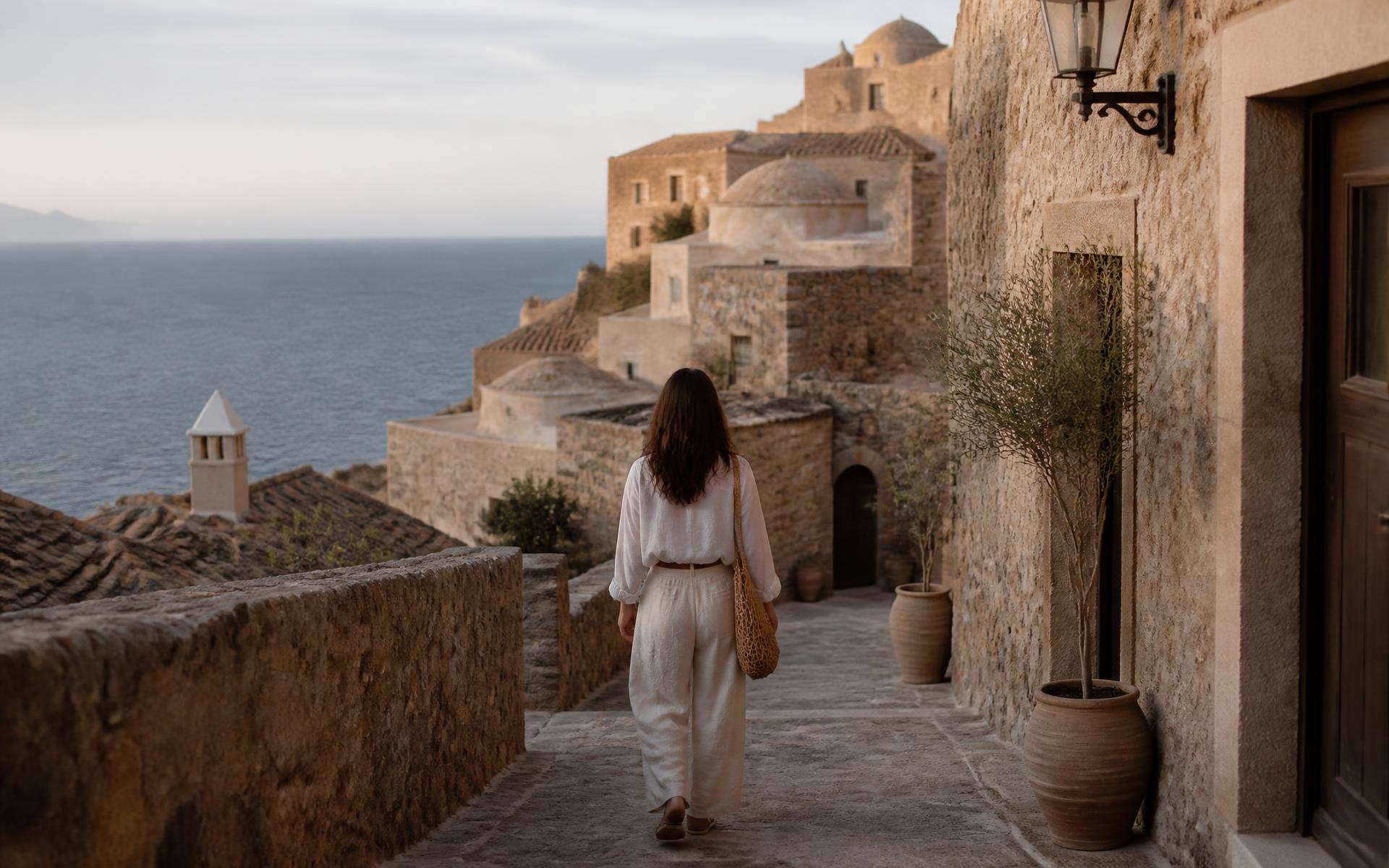 A traveller walking a stone lane in a cliffside Mediterranean village at first light