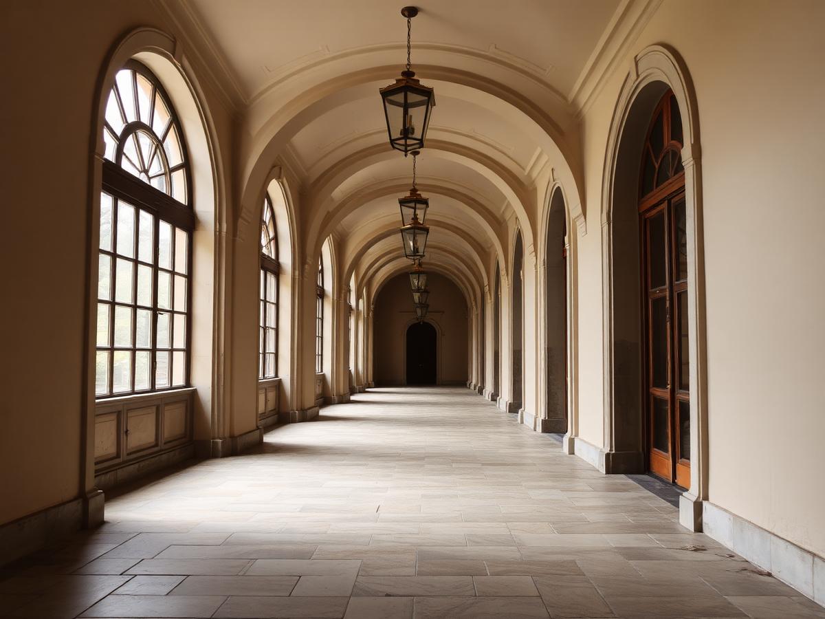 An arched hotel corridor in soft morning light