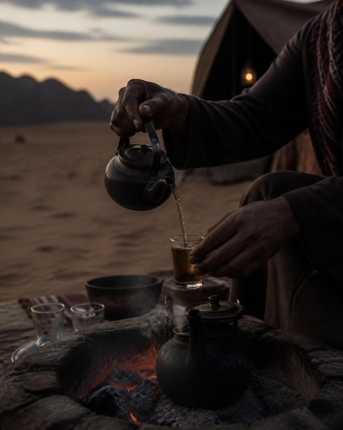 Tea being poured by hand at a desert camp at dusk