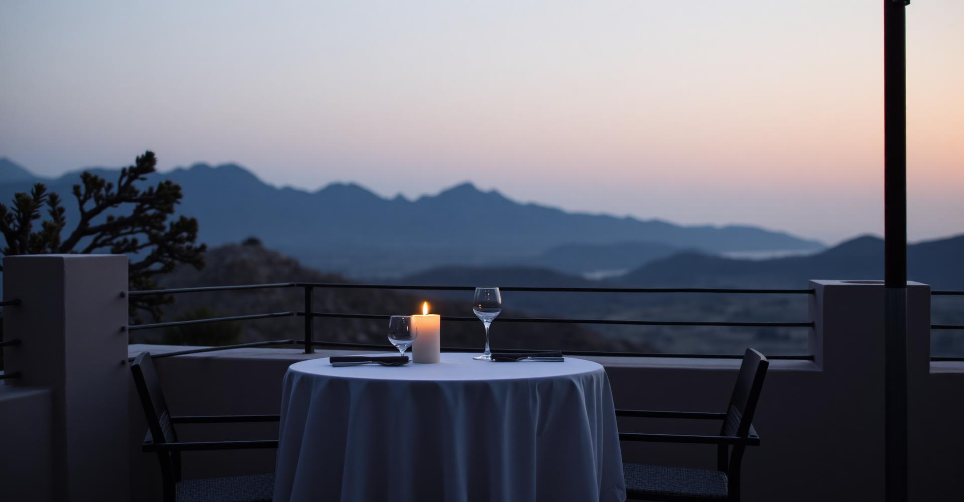A candlelit dining terrace at dusk overlooking distant mountains
